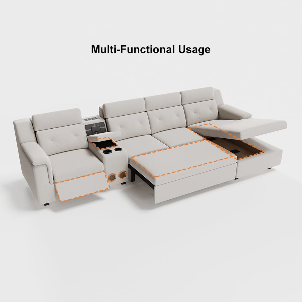 134.6" White Power Reclining Sectional Sofa Pull Out Bed Cup Holder & Speaker & Storage