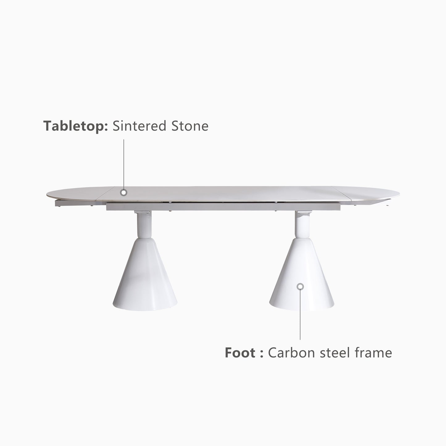 Table de salle à manger blanche extensible ovale moderne de 94,9 po pour 8 personnes avec plateau en pierre frittée et base en acier inoxydable