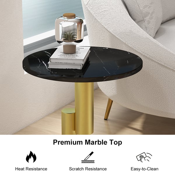 Modern Black End Table Round Marble Stone Top with Abstract Metal Base