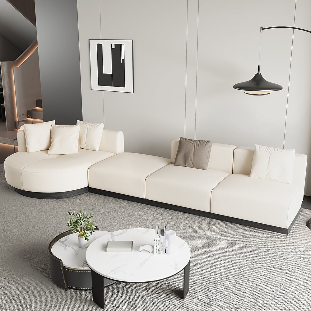 146.9'' L-Shaped Sectional Corner Modern Modular Sofa in Beige with Pillows & Black Legs