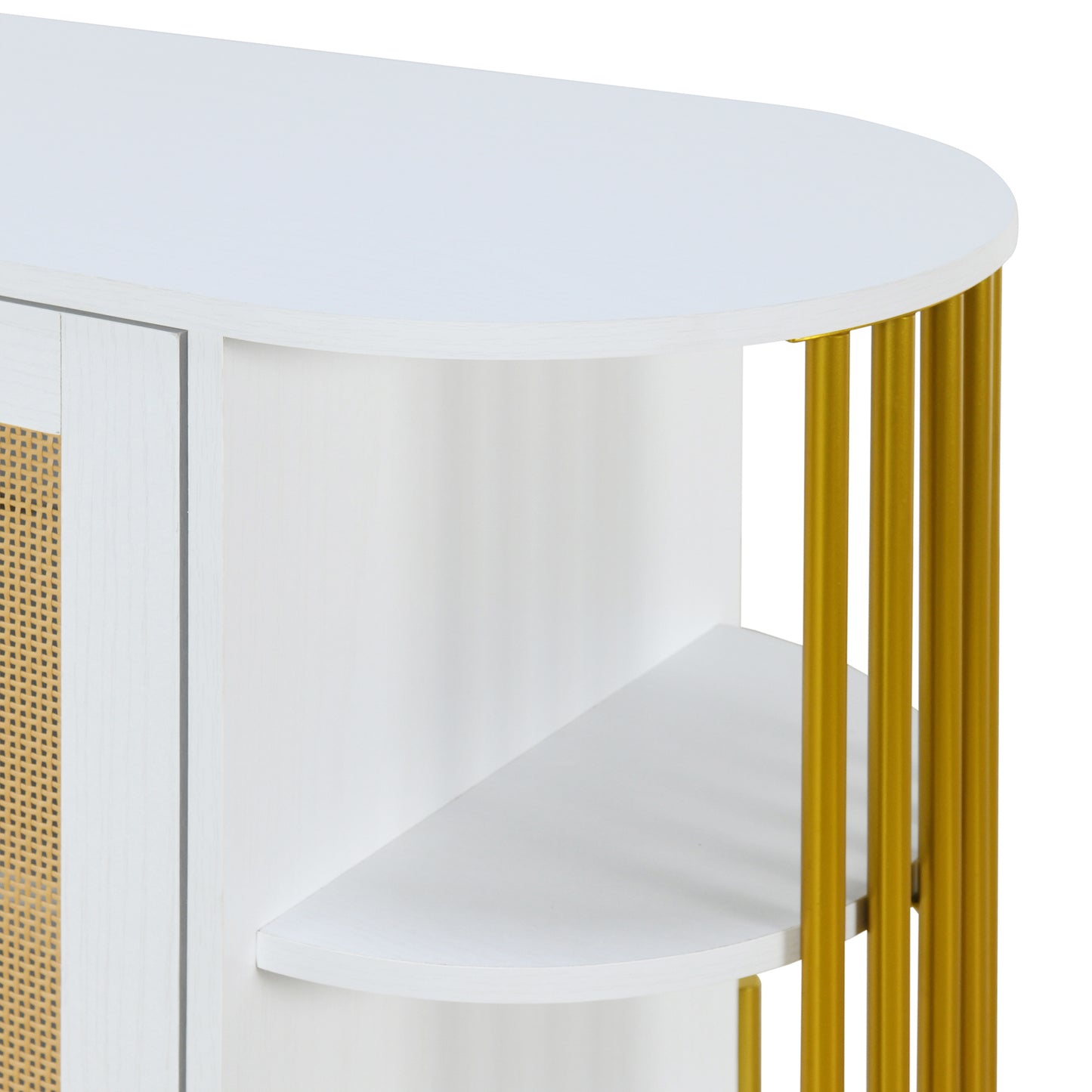 TREXM 2-Door Elegant Curved Dining Cabinet with Gold Trim and Woven Rattan Doors for Dining Room (White)