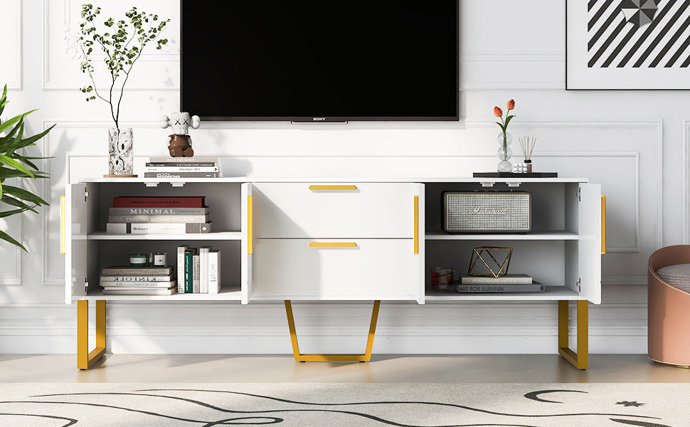 U-Can Modern TV Stand for TVs up to 75 Inches, Storage Cabinet with Drawers and Cabinets, Wood TV Console Table with Metal Legs and Handles for Living room, White