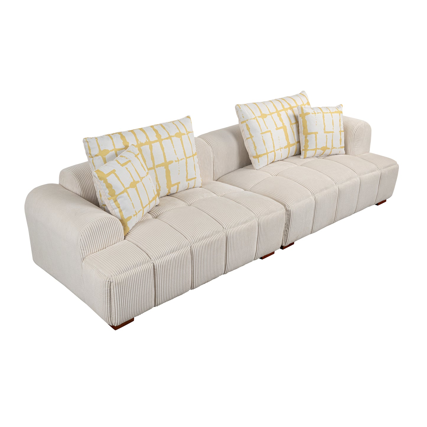 103.9" Modern Couch Corduroy Fabric Comfy Sofa with Rubber Wood Legs, 4 Pillows for Living Room, Bedroom, Office, Beige