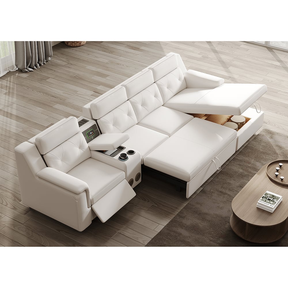 134.6" White Power Reclining Sectional Sofa Pull Out Bed Cup Holder & Speaker & Storage