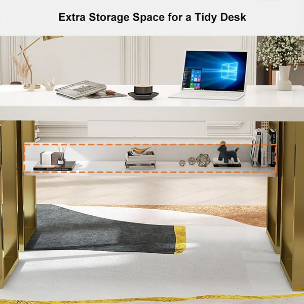 Modern White & Gold Rectangular Computer Desk with Drawer & Storage Shelf