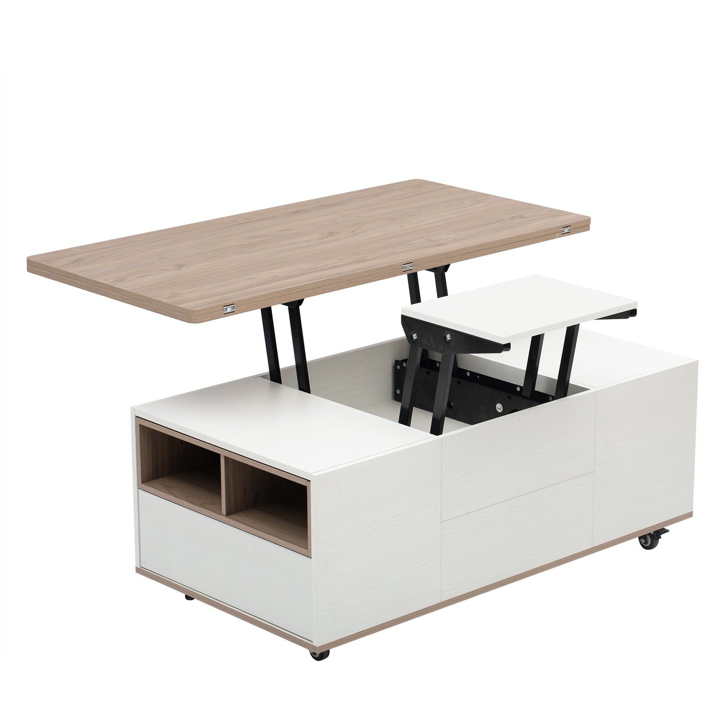 Modern Walnut & White Lift Top Coffee Table Multifunctional Table with Drawers & Shelves