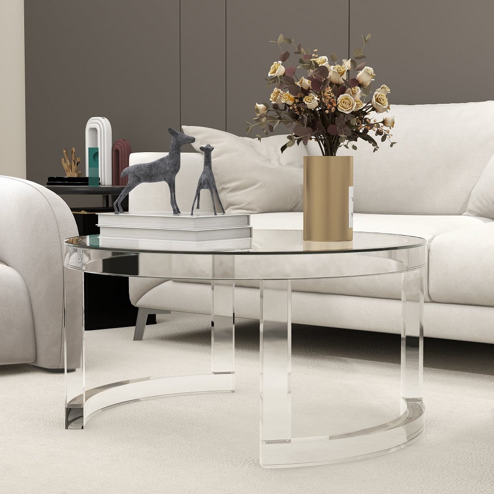 31.5" Modern Round Acrylic Coffee Table for Living Room with Tempered Glass Top