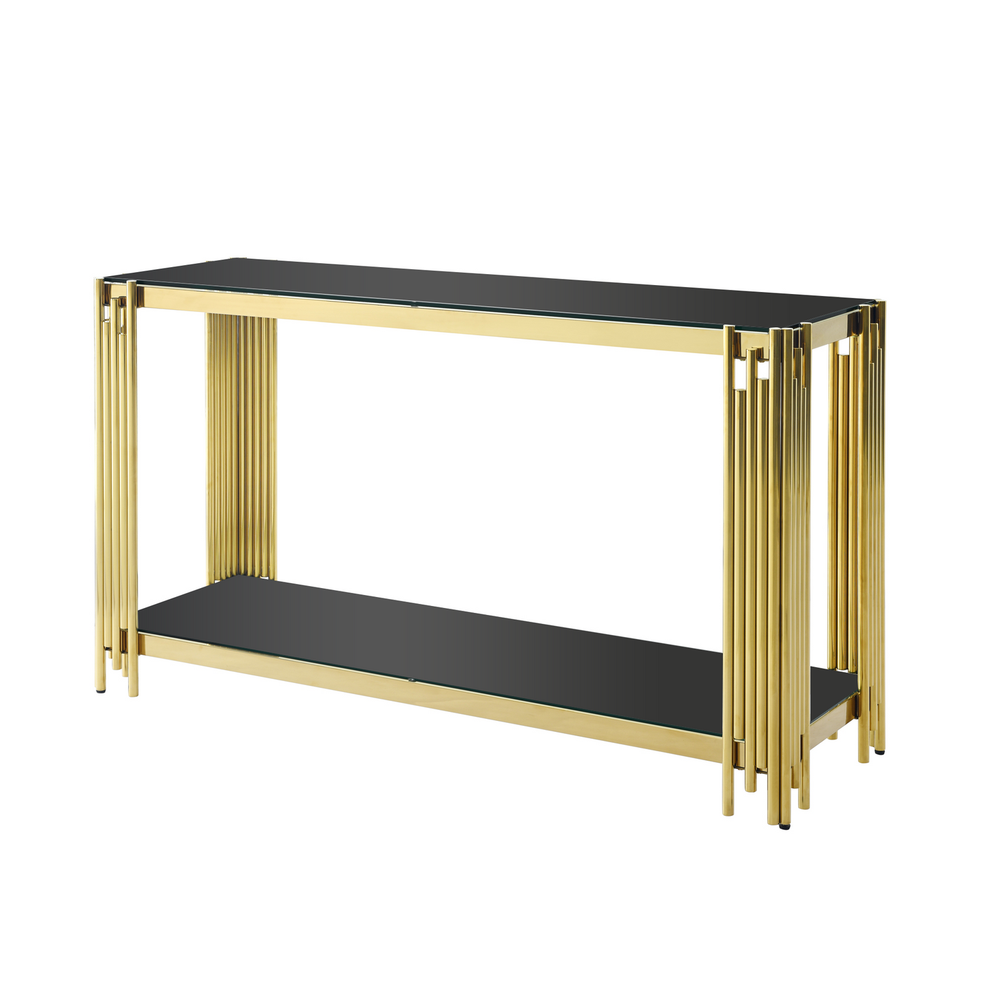 Modern Glass Console Table, 55" Gold Sofa Table with Sturdy Metal Frame and Black Tempered Glass Top, for Living Room Entryway Bedroom, Gold Finish