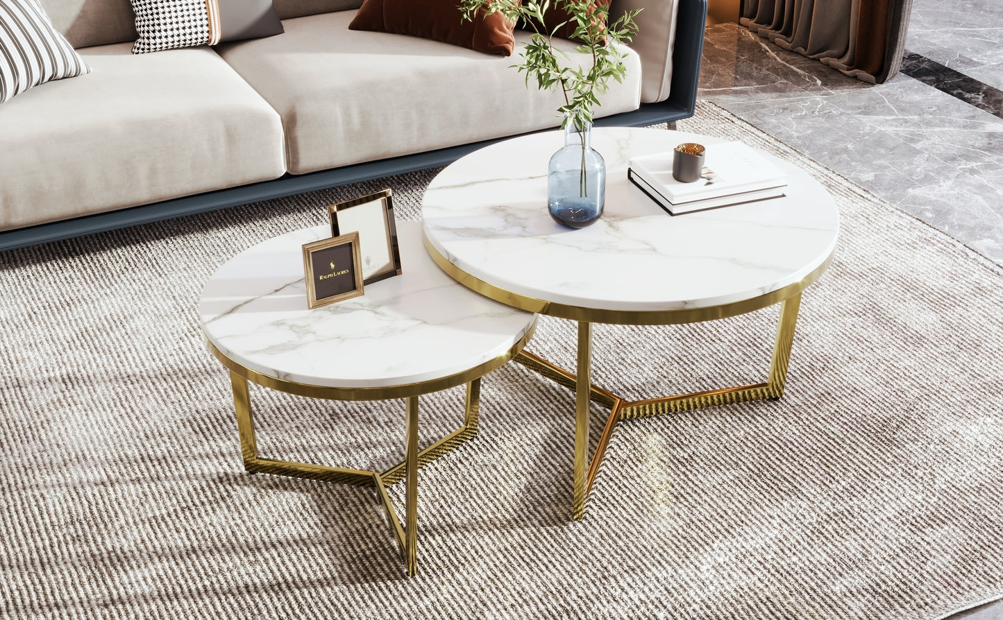 Modern Round Nesting Coffee Table Set 2-Piece White & Marbling Top Gold Base