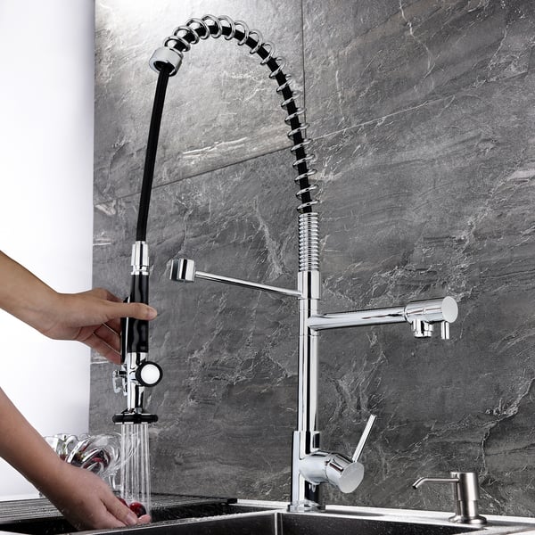 Commercial Pull Down Pre-rinse Spring Sprayer Polished Chrome Kitchen Sink Faucet with Deck Plate Solid Brass