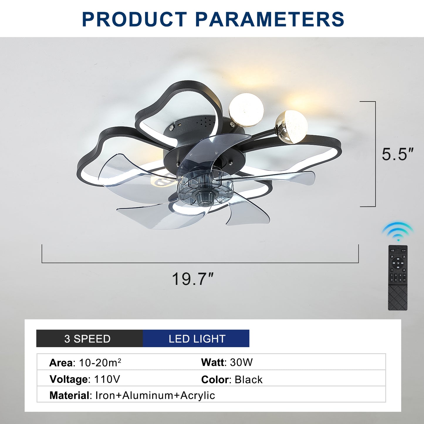 19.7 Inch Light Ceiling Fan with Lights Remote Control with Modern Butterfly Design Styling, Black, Fan for Bedroom, Living Room, Timing Function, Noiseless, Children's Favorite