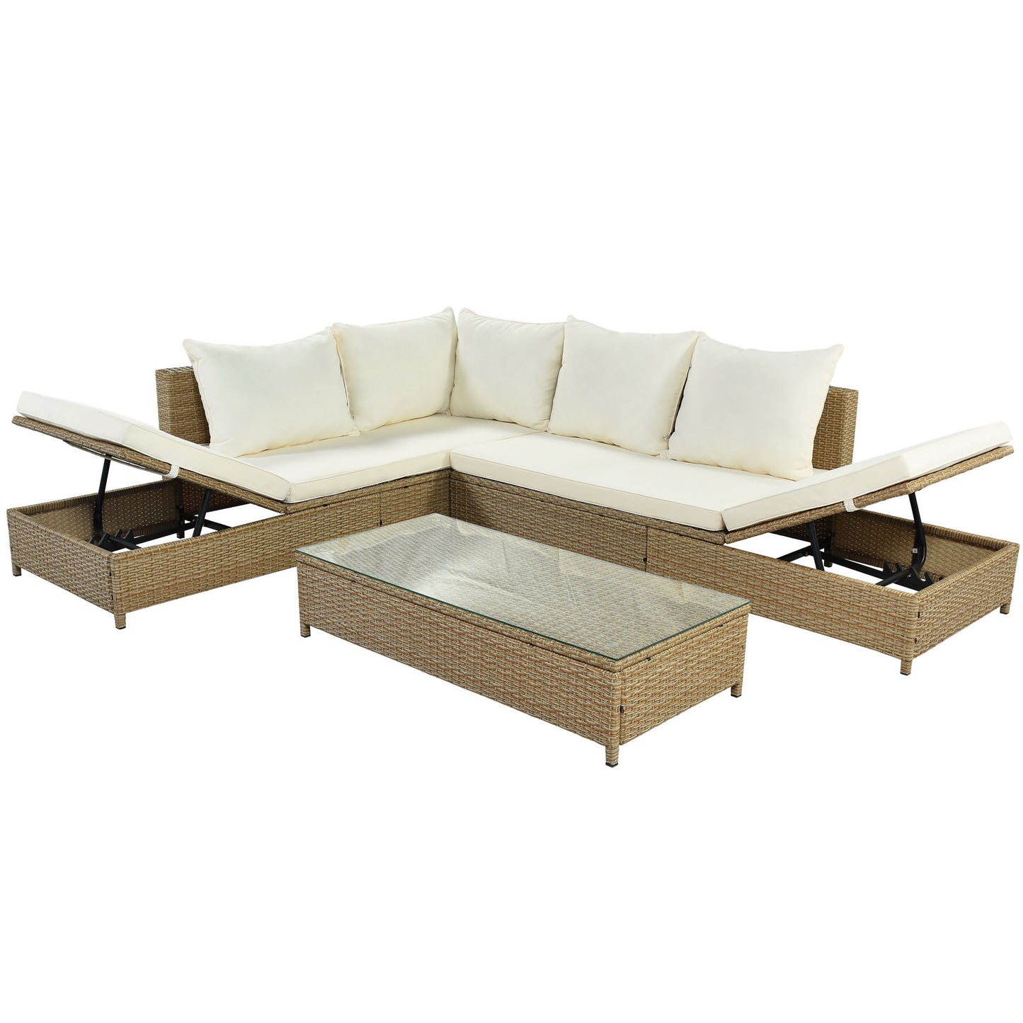 TOPMAX Ensemble de canapé 3 pièces en rotin pour patio, ensemble sectionnel en osier PE résistant aux intempéries, avec cadre de chaise longue réglable et table en verre trempé, marron naturel + coussin beige