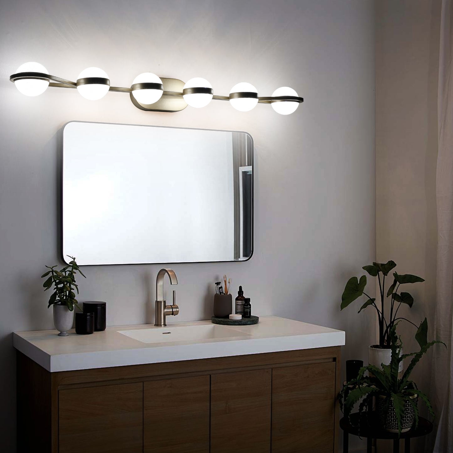 Champagne Gold Bathroom Vanity Light - 6-Bulb LED Wall Mounted Fixture with Stylish Acrylic Shades