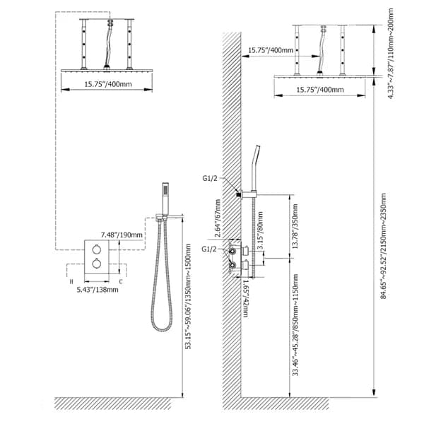 16"/20" Thermostatic Shower System with Handheld Shower in Matte Black Solid Brass