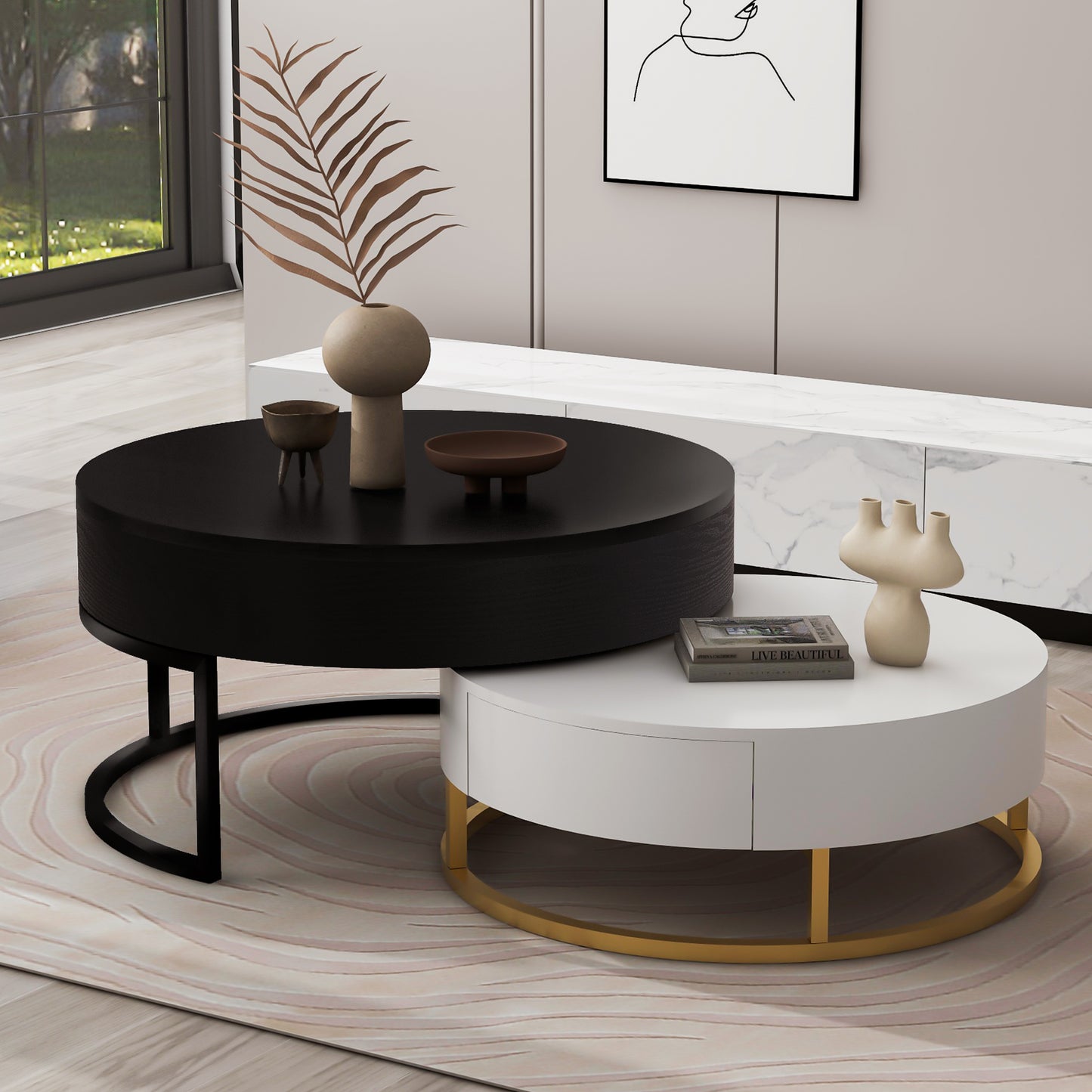 Modern Round Lift-top Nesting Coffee Tables with 2 Drawers White & Black