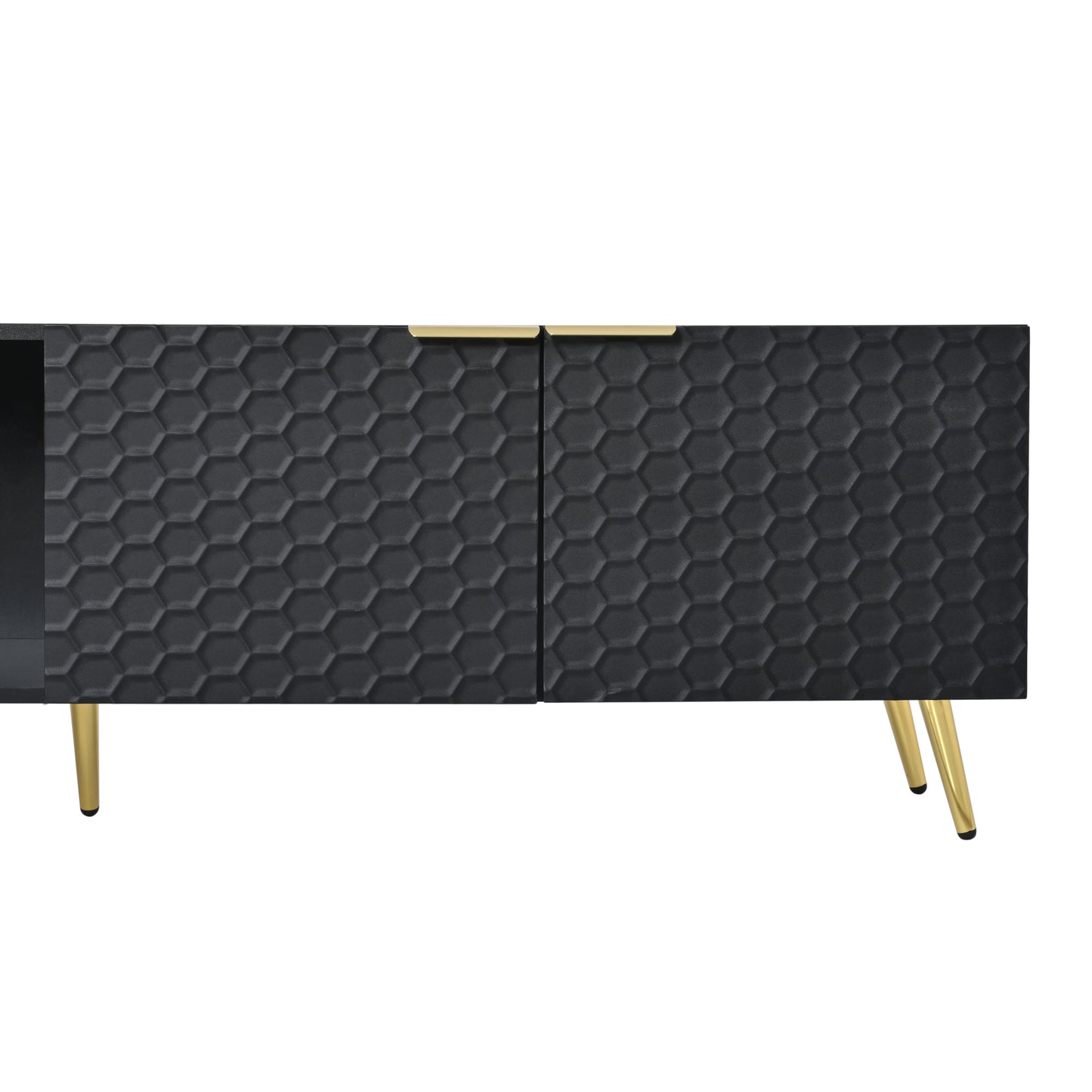 ON-TREND Modern Minimalist Geometric TV Cabinet with Metal Handles and Gold Legs for TVs Up to 80'', Multi-functional TV Stand with Storage Cabinets, Entertainment Center for Living Room, Black