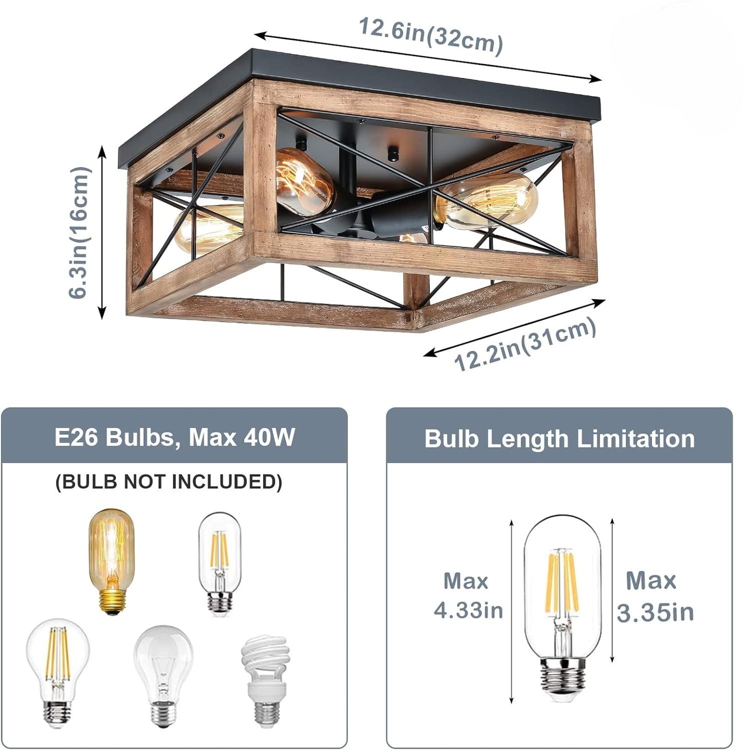 Wooden Flush Mount Ceiling Lights, 4-Light Farmhouse Close to Ceiling Lighting Fixtures Black Ceiling Lamp for Kitchen Island Living Room Bedroom Hallway Laundry Entryway