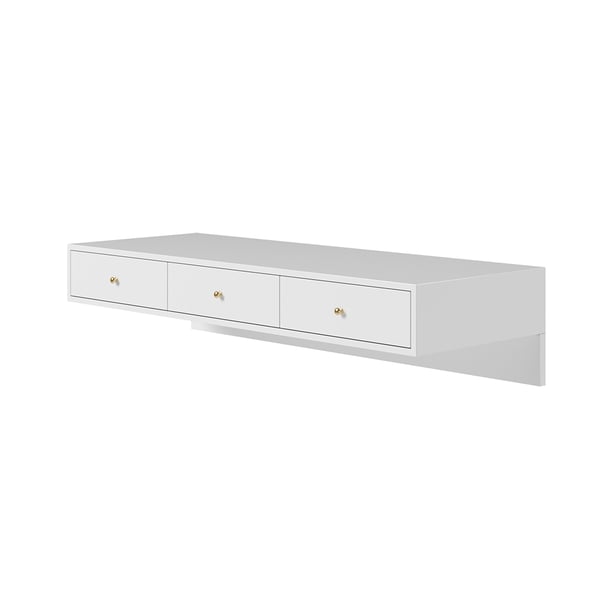 Modern White Floating Desk with Drawers Wall Mounted Desk in Pine Wood Frame