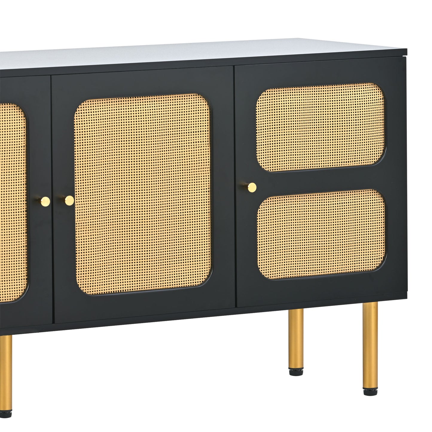 Meuble TV de style bohème ON-TREND avec porte en rotin, table console multimédia tissée pour téléviseurs jusqu'à 70", panneau latéral de style campagnard avec base en métal doré pour le salon, noir.