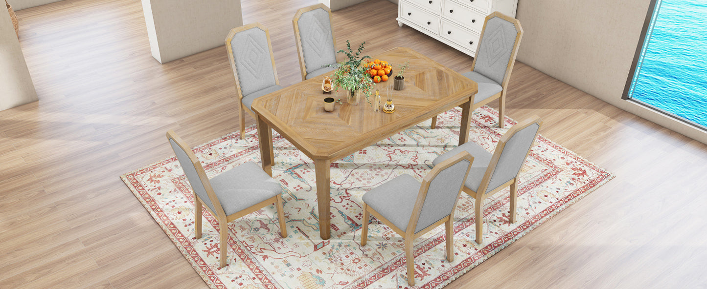 TREXM 7-Piece Farmhouse Dining Set Classic Rustic Table and 6 high-back design Chairs for Dining Room, Kitchen (Natural Wood Wash)