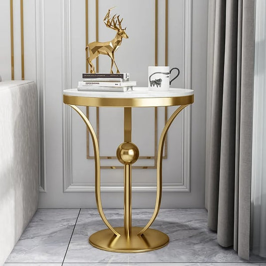 17.7 Inches White Round End Table Modern Side Table with Stream-Lined Metal Pedestal