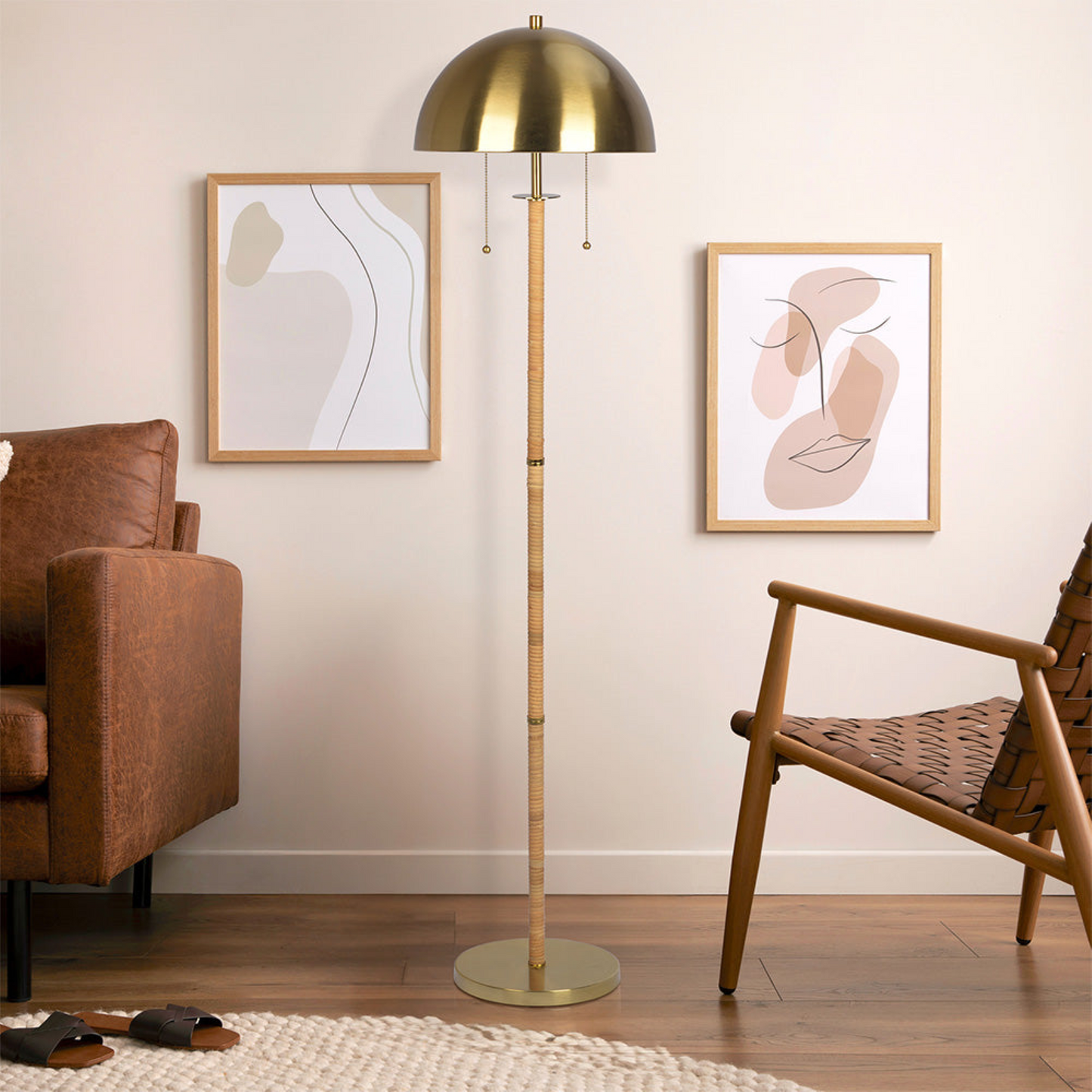 Modern 2-Light Floor Lamp - Gold Brass with Natural Rattan Tube and Double On/Off Pull Chain