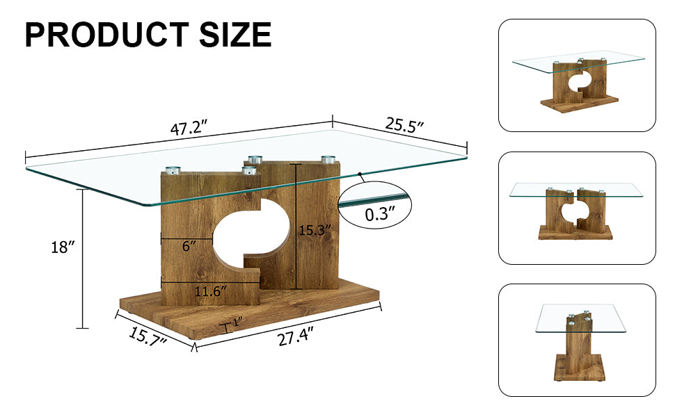 A rectangular modern and fashionable coffee table with tempered glass tabletop and wooden color MDF legs. Suitable for living room.47.2"*25.5"*18"