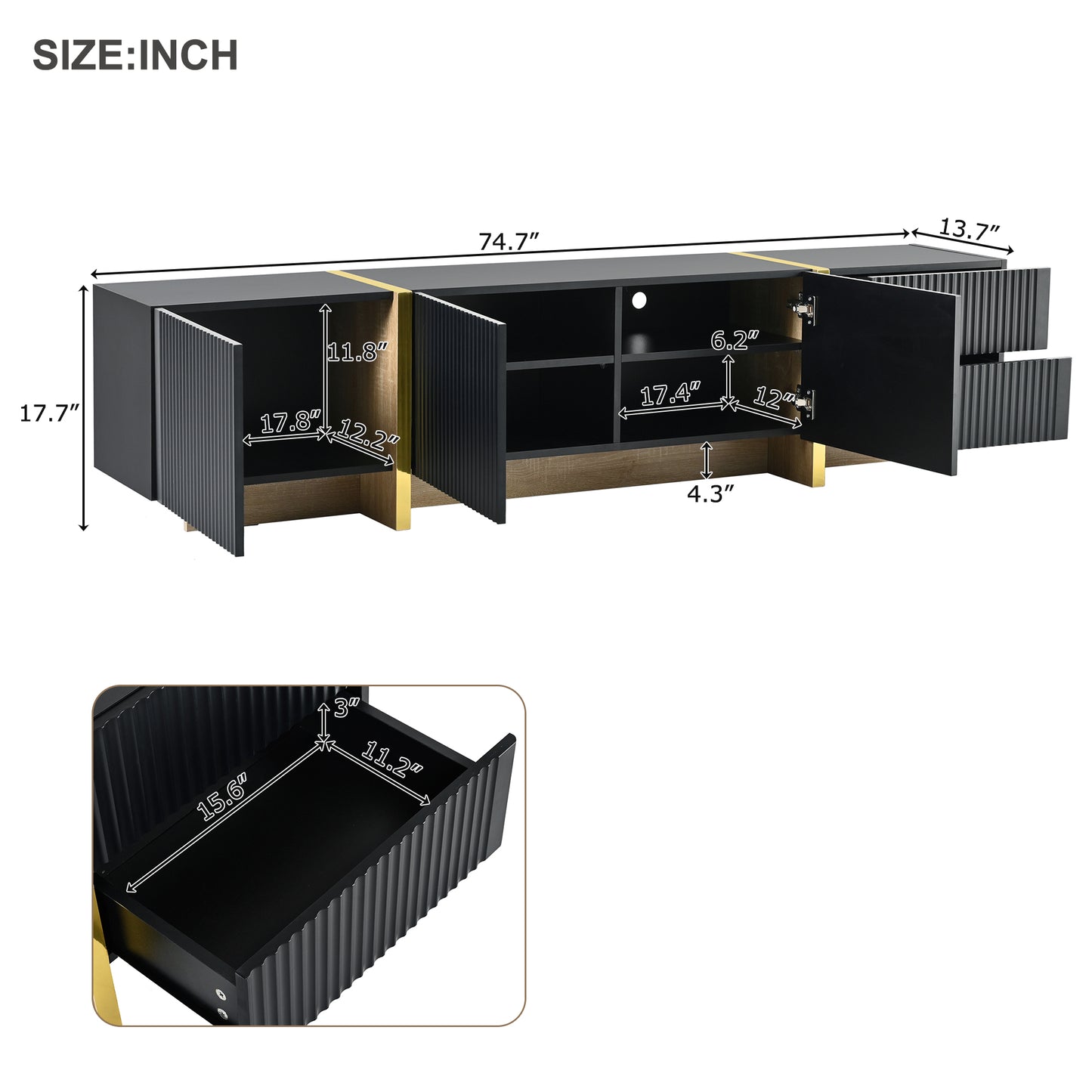 ON-TREND Luxury Fluted TV Stand for TVs Up to 80'', Modern Entertainment Center with Storage Cabinets & Drawers, Smooth Media Console with Golden Wood Grain Legs for Living Room, Black