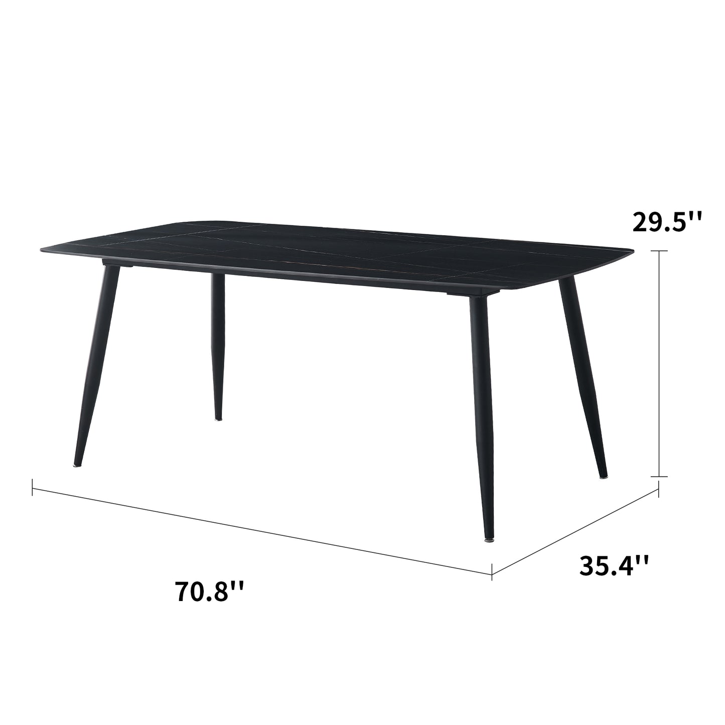 Modern Sintered Rectangle Dining Table Set with Black Stone Top 6 Persons 4 Legs