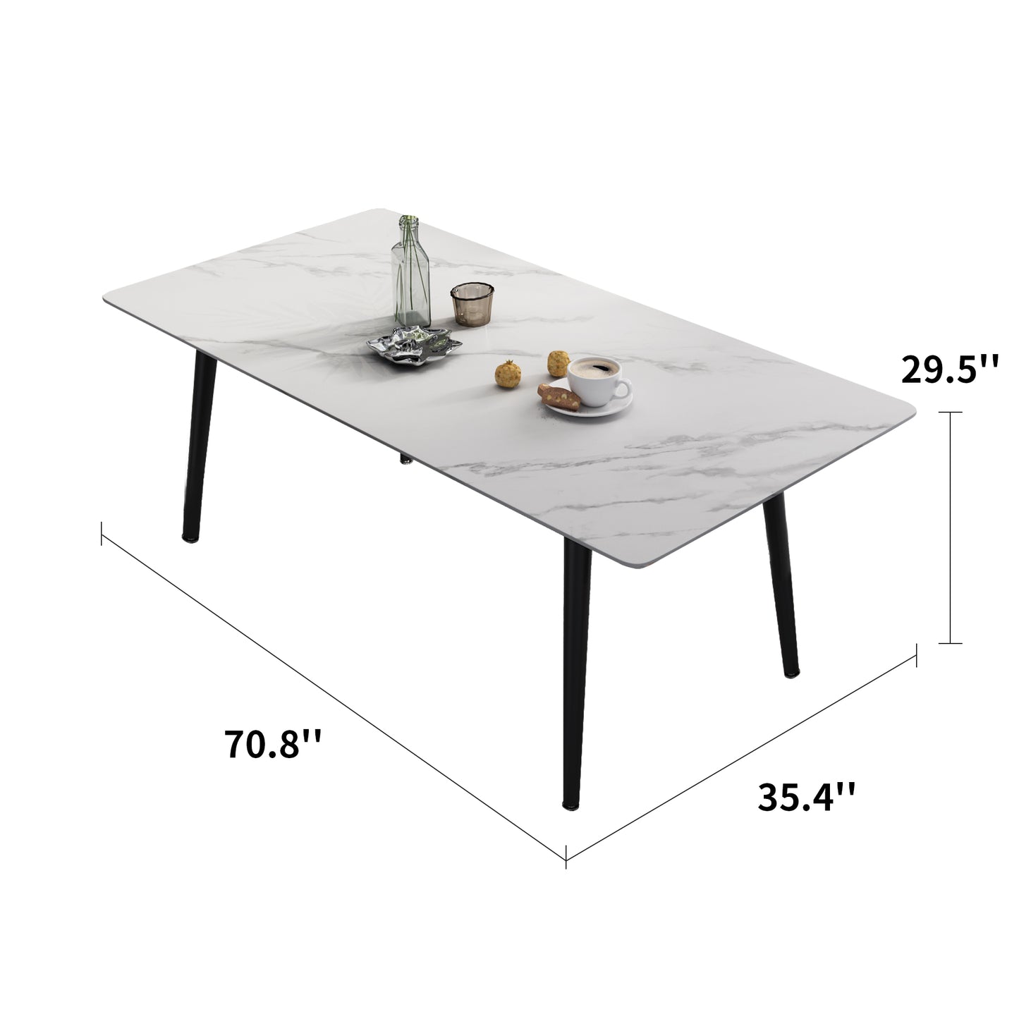 Modern Sintered Rectangle Dining Table Set with White Stone Top 6 Persons 4 Legs