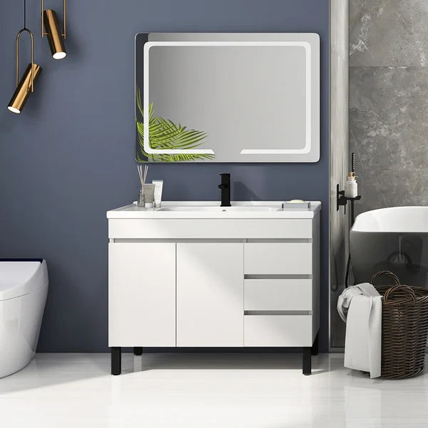 36 Inch Modern White Bathroom Vanity Ceramics Single Sink Freestanding with 3 Drawers