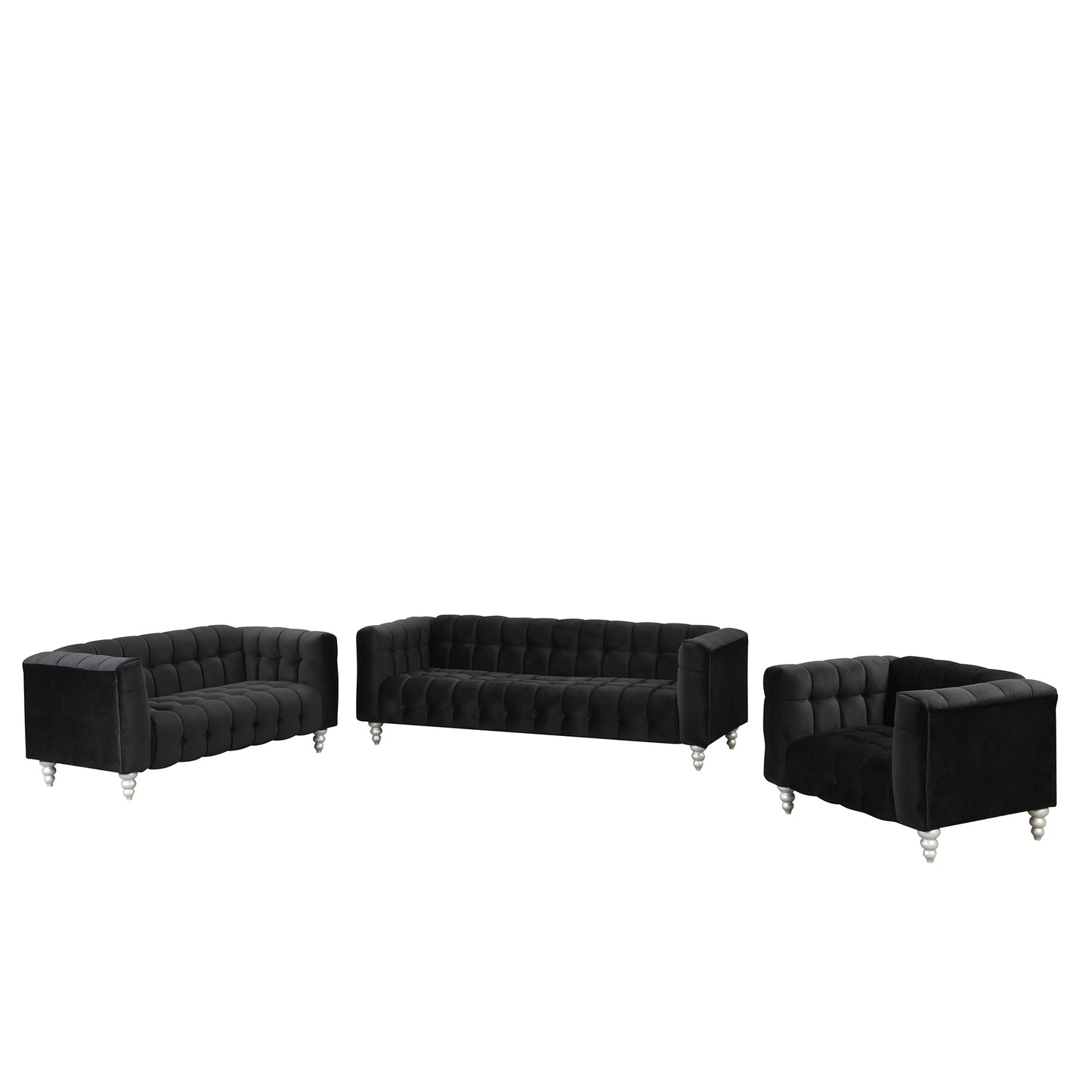 Modern 3-piece sofa set with solid wood legs, buttoned tufted backrest, Dutch fleece upholstered sofa set including three-seater sofa, double seat and living room furniture set single chair, black