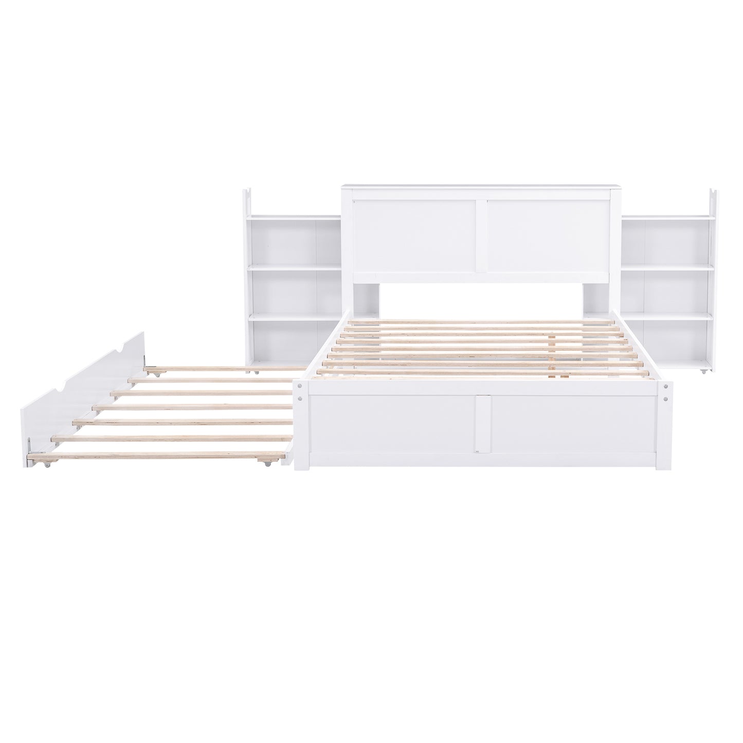 Lit plateforme de rangement pleine grandeur avec étagères coulissantes et lit gigogne double, blanc