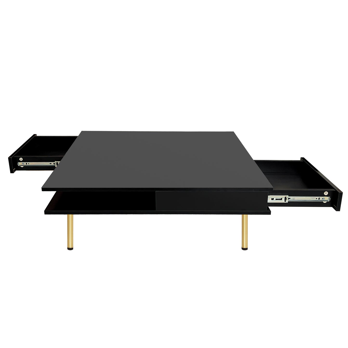 ON-TREND Exquisite High Gloss Coffee Table with 4 Golden Legs and 2 Small Drawers, 2-Tier Square Center Table for Living Room, Black