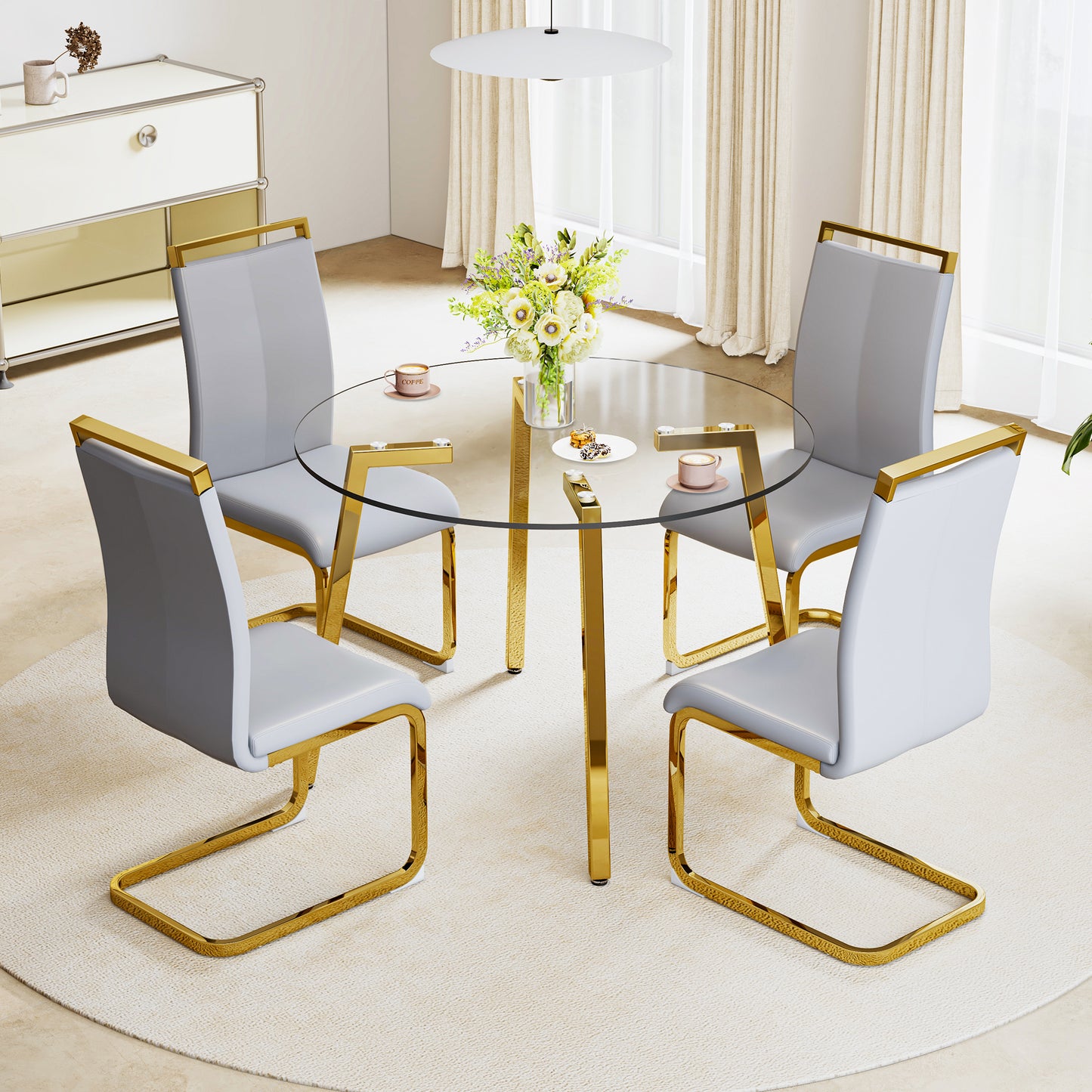 Modern Minimalist Circular Transparent Tempered Glass Table with Golden Metal Legs - Perfect for Kitchen, Dining Room