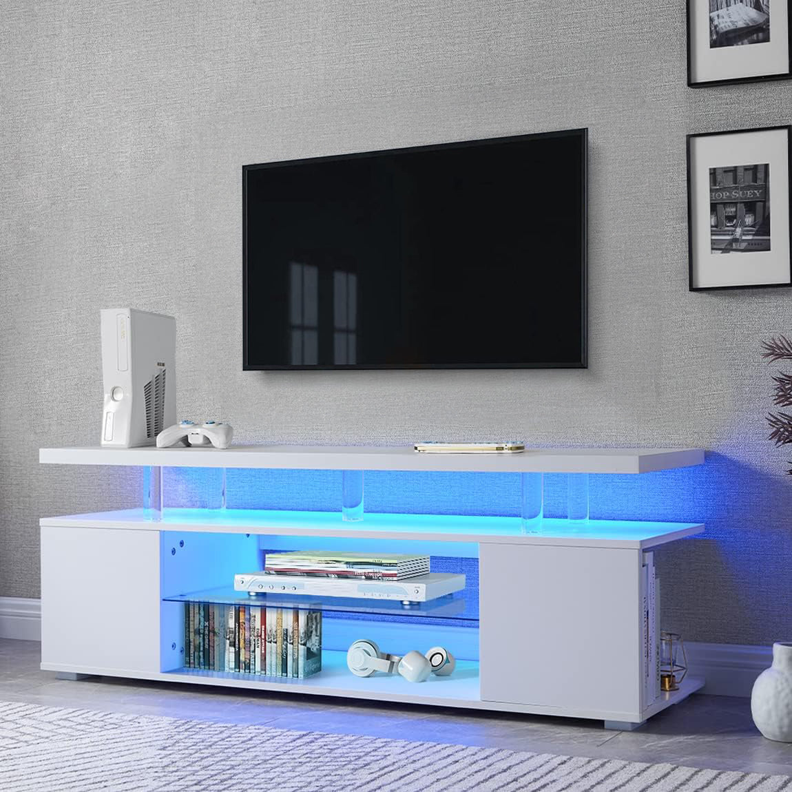 Meuble TV pour TV 70 pouces LED Centre de divertissement de jeu Table de console de stockage multimédia avec grande armoire latérale pour salon Blanc