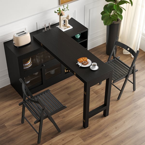 Black Storage Sideboard Cabinet Extendable Wood Buffet Foldable Dining Table