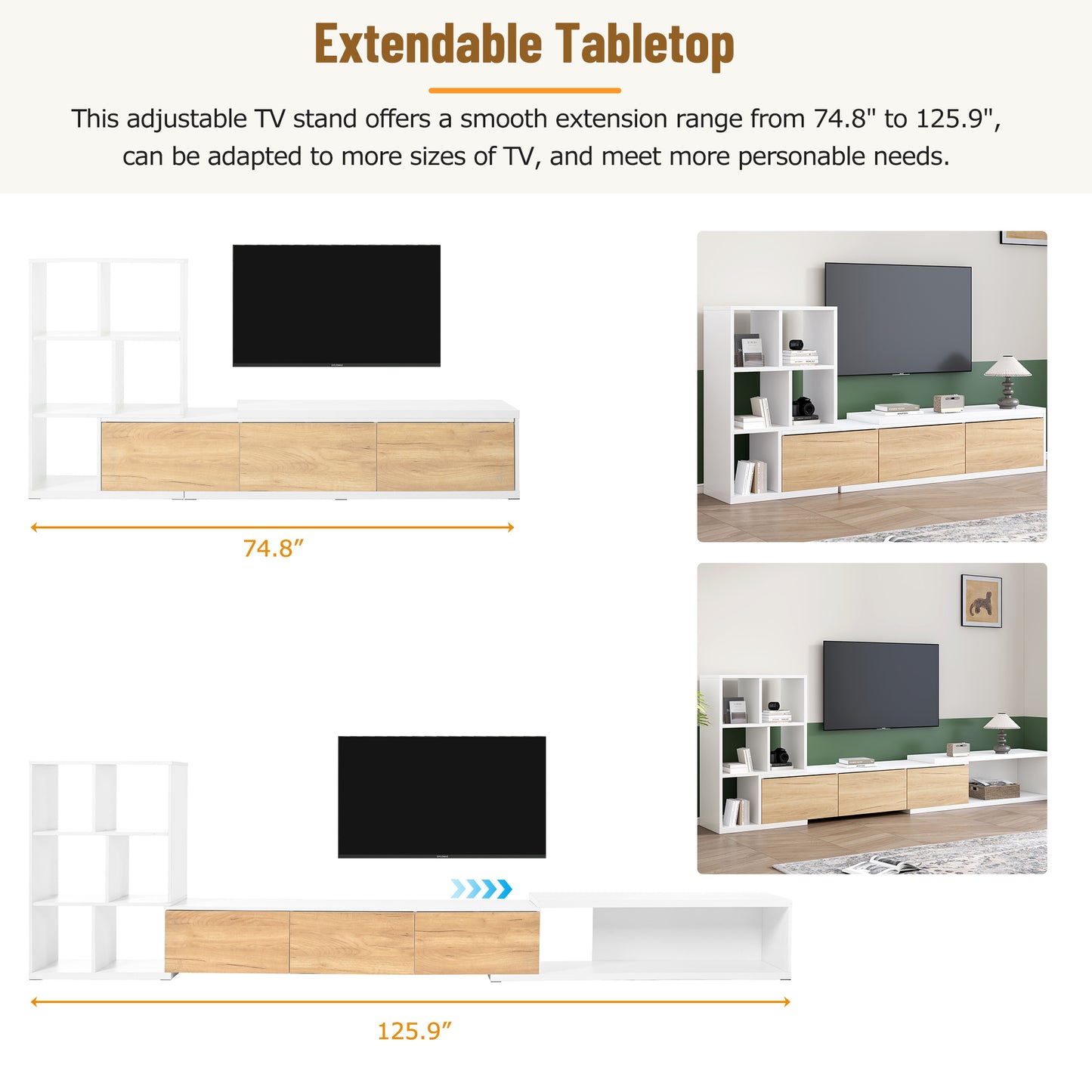 [VIDEO provided] ON-TREND Extendable TV Stand and Coffee Table, Set of 2, Media Console with 3 Tier Bookshelves for TVs up to 110'', Dual-tone Center Table with Sliding Tabletop for Living Room, White