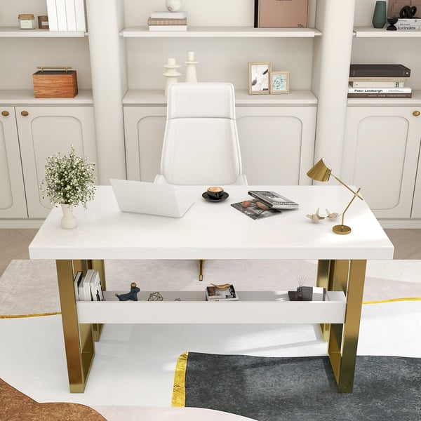 Modern White & Gold Rectangular Computer Desk with Drawer & Storage Shelf