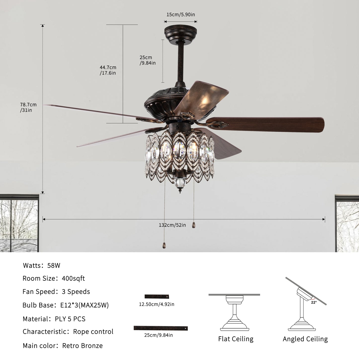 52'' Classical Crystal Ceiling Fan Lamp,3 Speed , 5 Reversible Blades for Living Room, Dining Room, Bedroom, Family Room, Rustic bronze ,3PCS*E12  (NO Include Bulb, Hand Pull Chain)