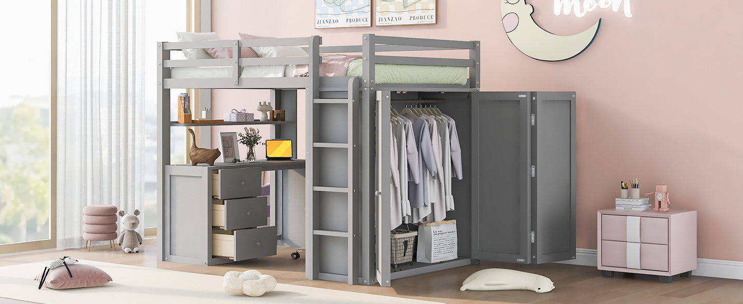 Full size Loft Bed with Drawers,Desk,and Wardrobe-Gray