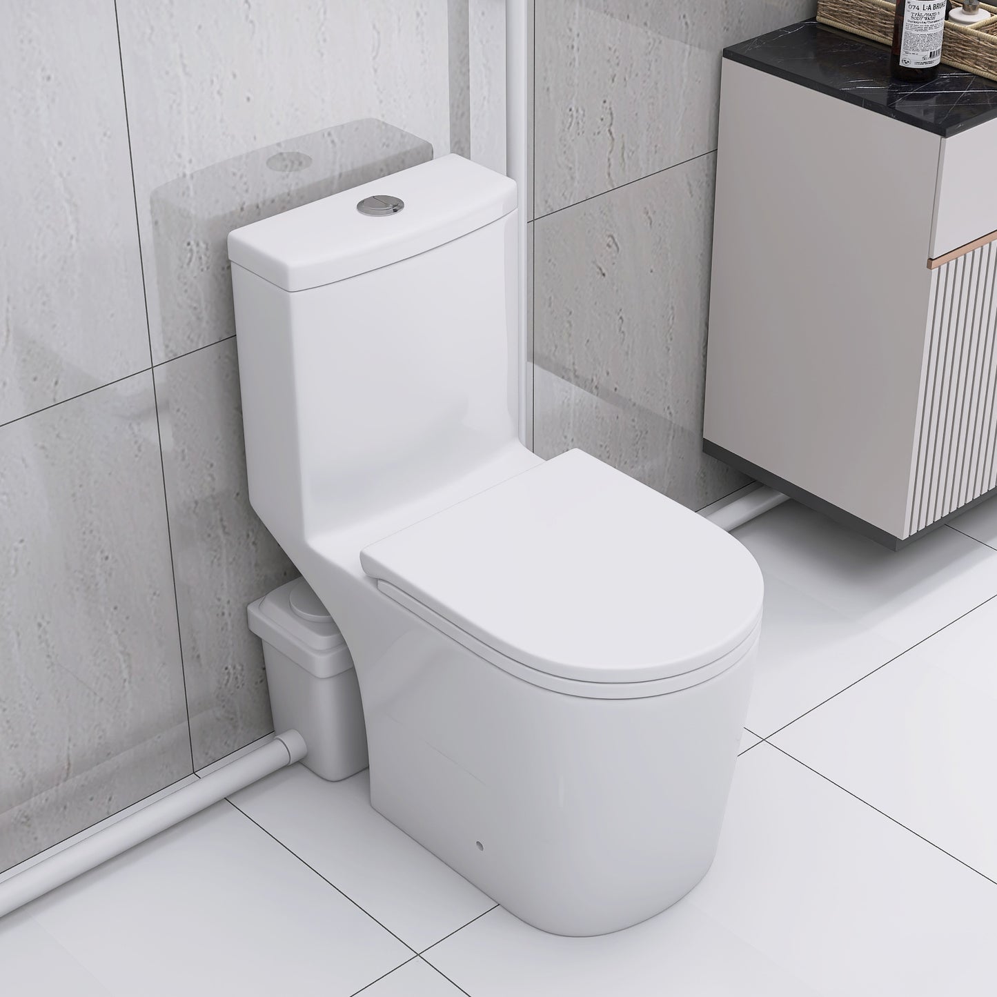 Upflush Toilet For Basement, 600W Macerating Toilet System With Powerful Dual Flush, Elongated 17.25 ADA Comfort, Soft-Close Seat, 3 Water Inlets Connect to Sink, Shower, White