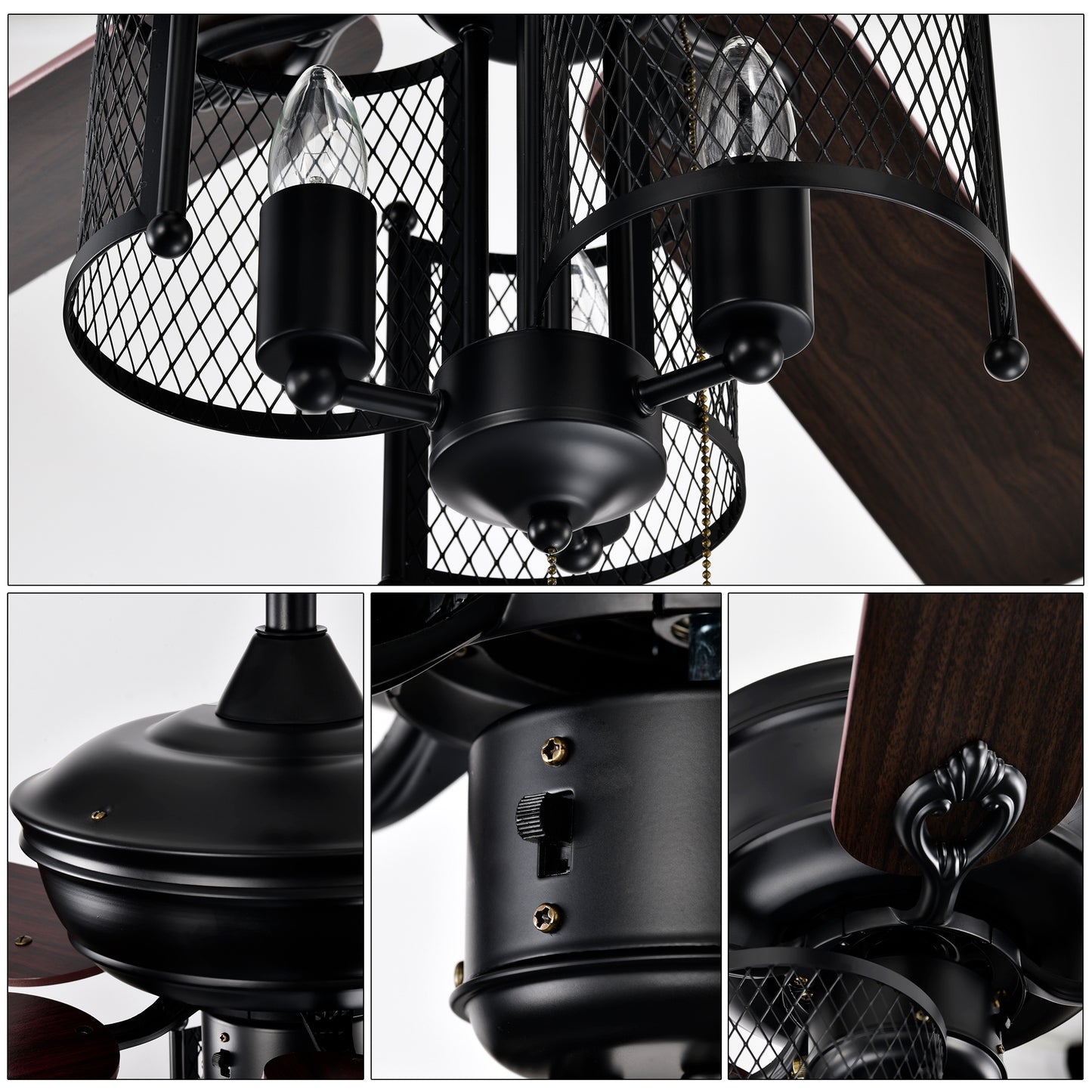 Farmhouse Ceiling Fan 52" with Dual Finish Blades - Matte Black, Hand Pull Chain for Indoor Use