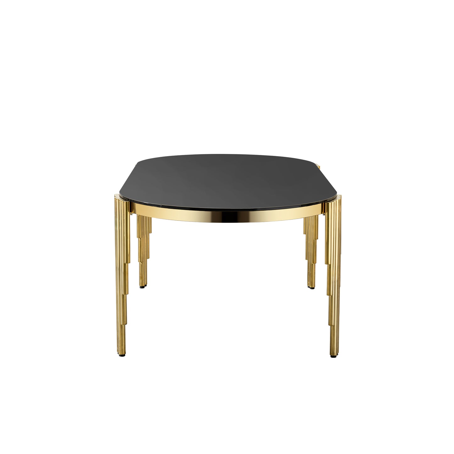 79.53" Black Glass Top oval Dining Table with gold stainless Steel Base for 8 seats