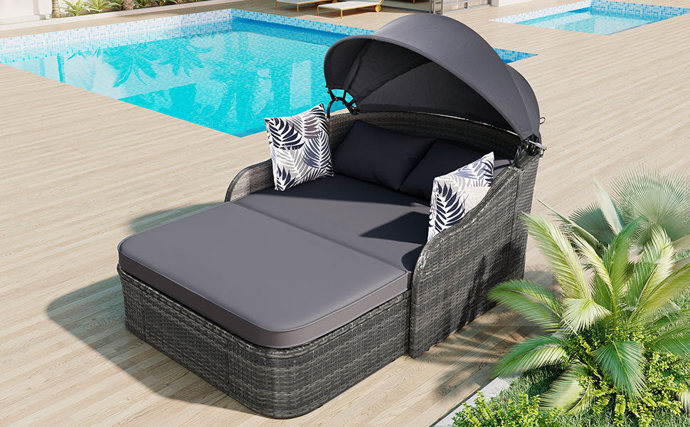 79.9” Outdoor Sunbed with Adjustable Canopy: Double Lounge PE Rattan Daybed in Gray Wicker with Comfortable Cushions for Ultimate Relaxation