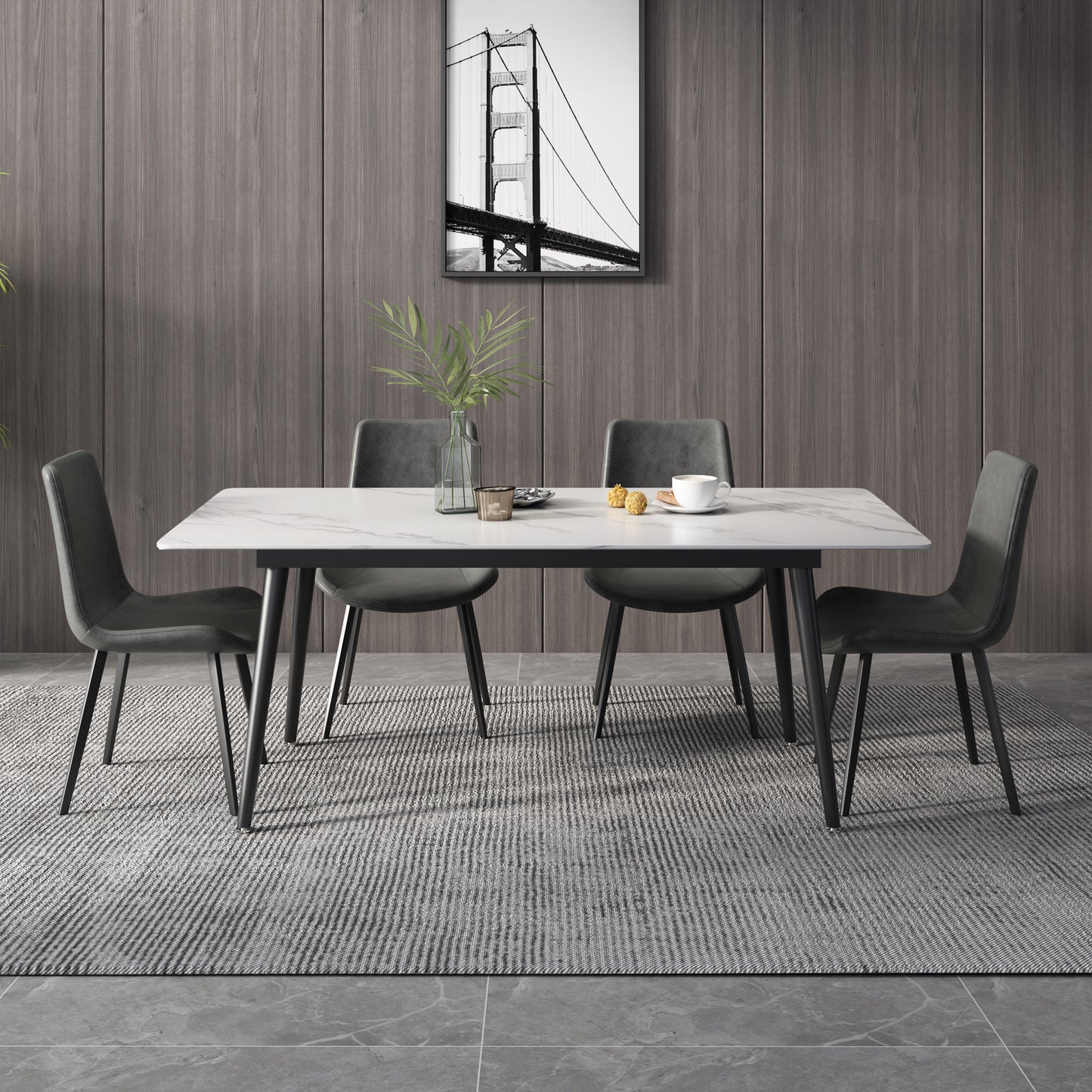Modern Sintered Rectangle Dining Table Set with White Stone Top 6 Persons 4 Legs