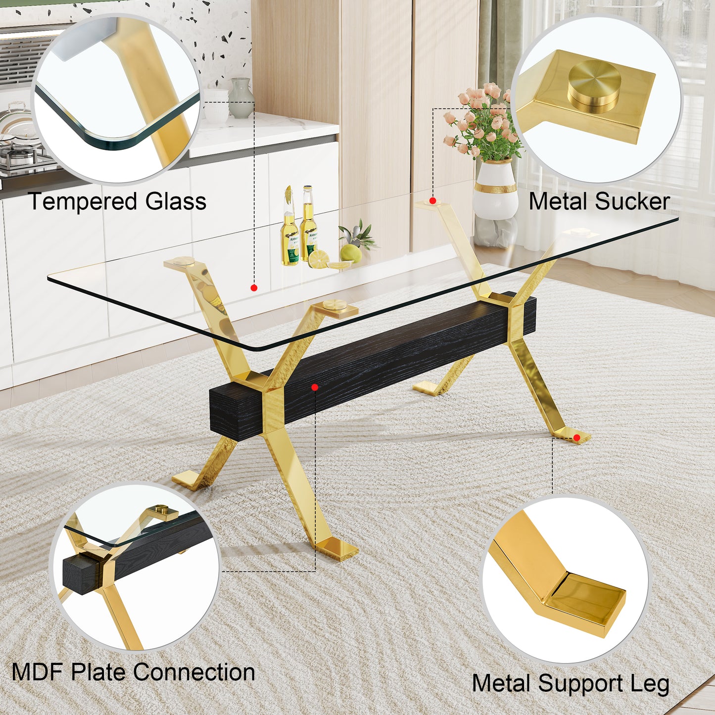 Dining table. Modern tempered glass dining table. Large modern office desk with gold metal legs and MDF crossbars, suitable for home and office use. Kitchen .71 ''x35.4''x30 '' 1105