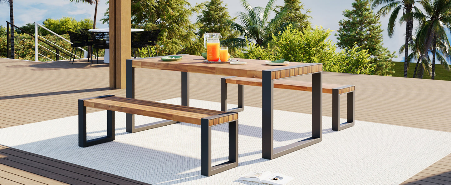 3-Piece Outdoor Dining Set: Acacia Wood Table & 2 Benches with Unique Texture, Durable Steel Frame for All-Weather Use