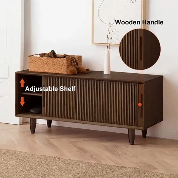 39.4 Inch Modern Storage Bench with Sliding Doors Adjustable Shelf Walnut Pine Wood