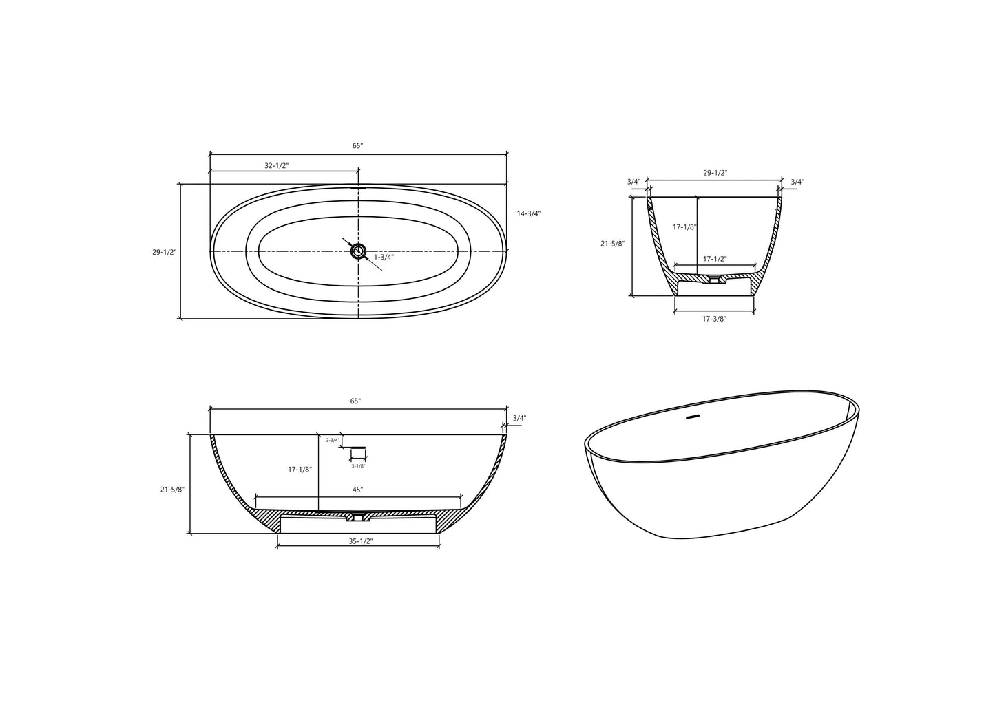 Luxury 65" Freestanding Solid Surface Bathtub – Handcrafted Stone Resin with Overflow & Pop-Up Drain in Matte White